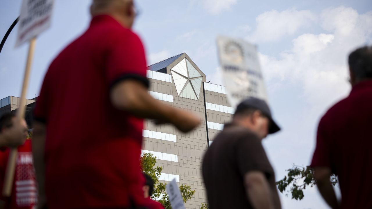 United Auto Workers members and supporters rally at the Stellantis North America headquarters on September 20, 2023 in Auburn Hills, Michigan.