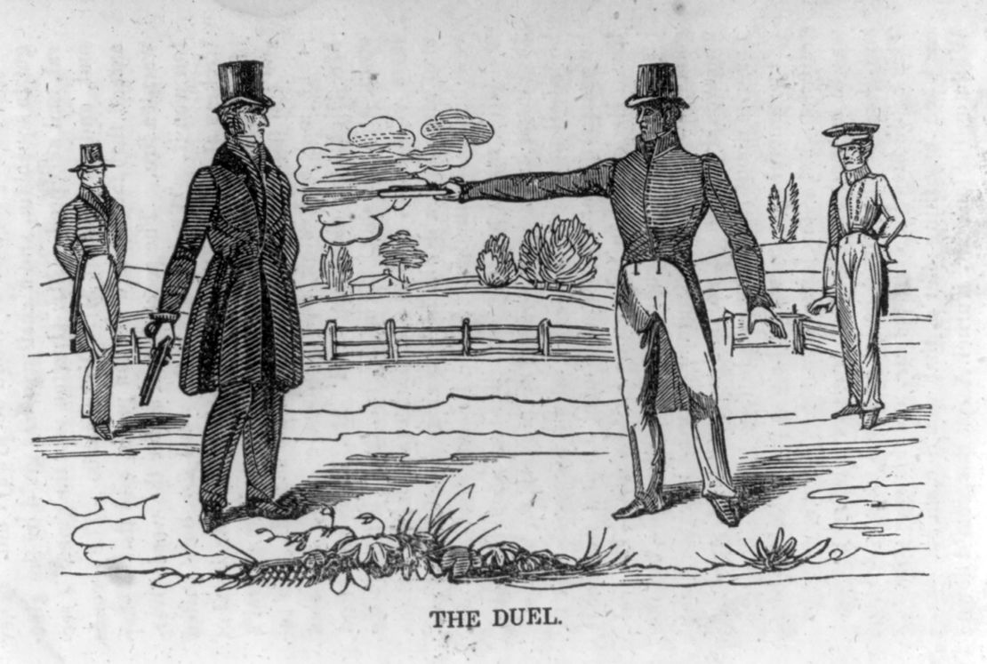 This woodcut print shows Andrew Jackson killing Charles Dickenson.